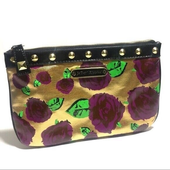 Betsey Johnson XOXO Rose 2 Riches Clutch Cosmetic Gold Purple LG Zip Glam Makeup - Picture 1 of 7